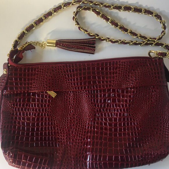Purse Vecceli Italy Crocodile Print Handbag Gold Chain Handle Faux Burgundy Red - Picture 2 of 11